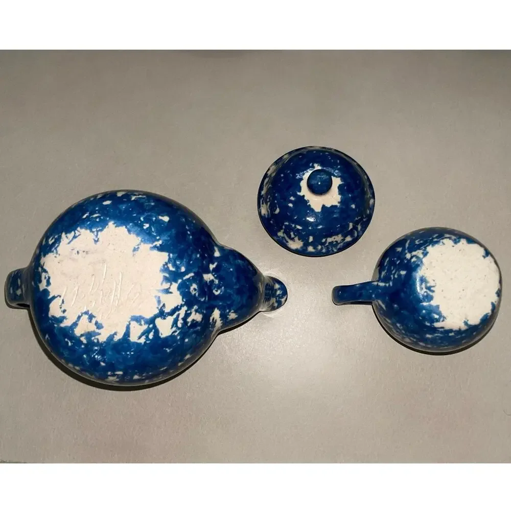 Rare 1987 Signed Barb Hall Miniature 5pc Blue Spongeware Tea Set 